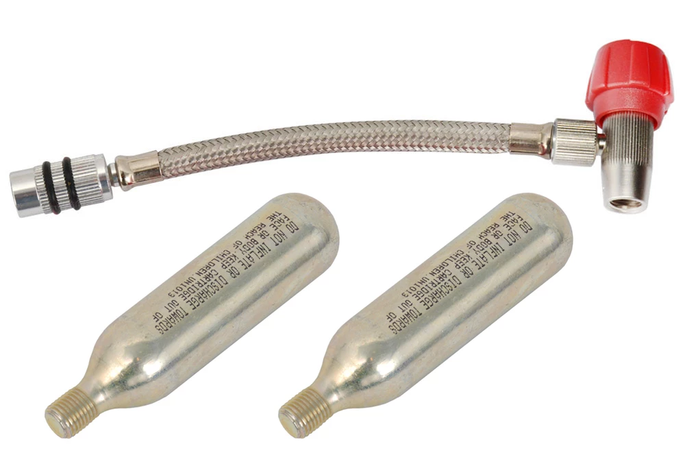 Radon Pompe à CO₂ Avec Raccord Aeroquip Flex +2 Cartouches 16 G 3 Radon Pompe à CO₂ Avec Raccord Aeroquip Flex +2 Cartouches 16 G